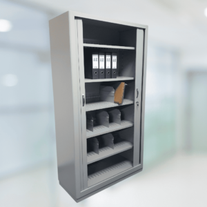 Folderama con separadores verticales graduables, para almacenar cajas y carpetas.