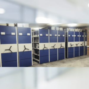 Archivo rodante mecánico, compuesto de estanterías para almacenar carpetas, cajas y AZ
